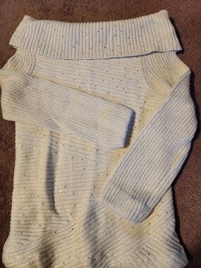 White House Black Market Cream Off-Shoulder Sequin-Embellished Knit Sweater